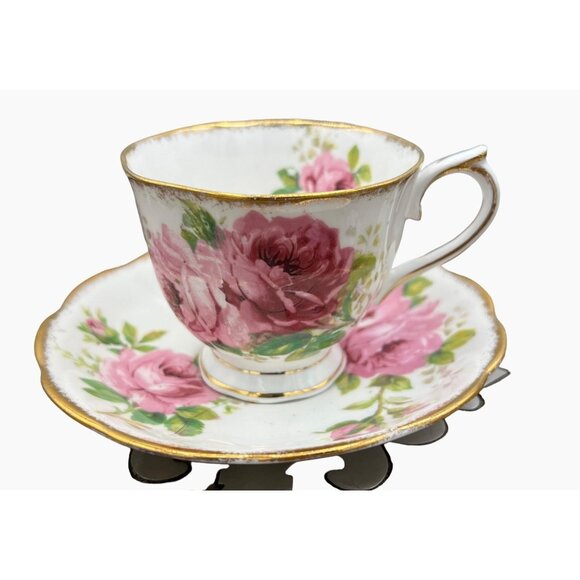 Royal Albert American Beauty Bone China Tea Cup Saucer Pink Green Gilt Floral - Picture 1 of 12